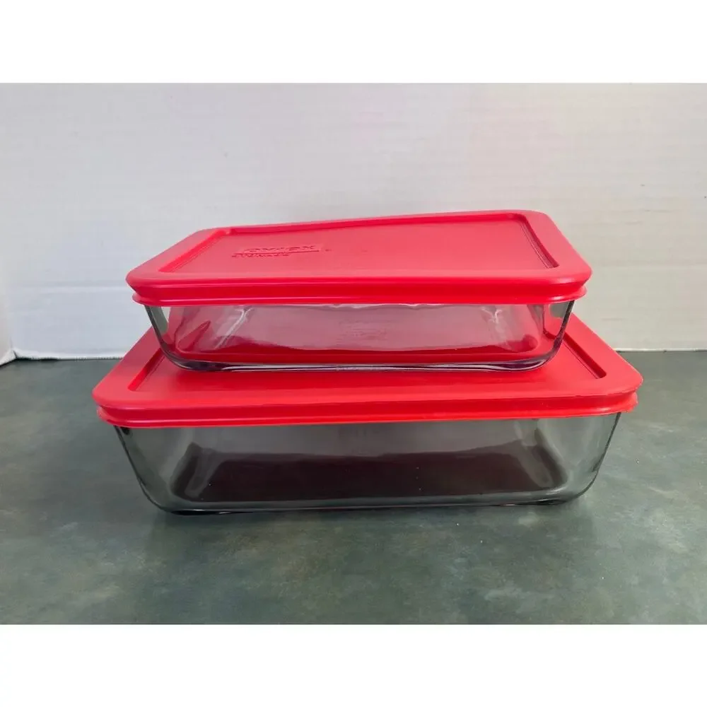 Pyrex 3 Cup & 6 Cup Glass Storage Containers w/ Red Lids USA 7210-PC Set of 2